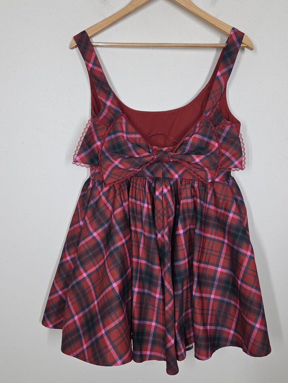 Altar'd State Red Pink Tartan Plaid Bow Babydoll Mini Dress Holiday Preppy Punk - Picture 4 of 9